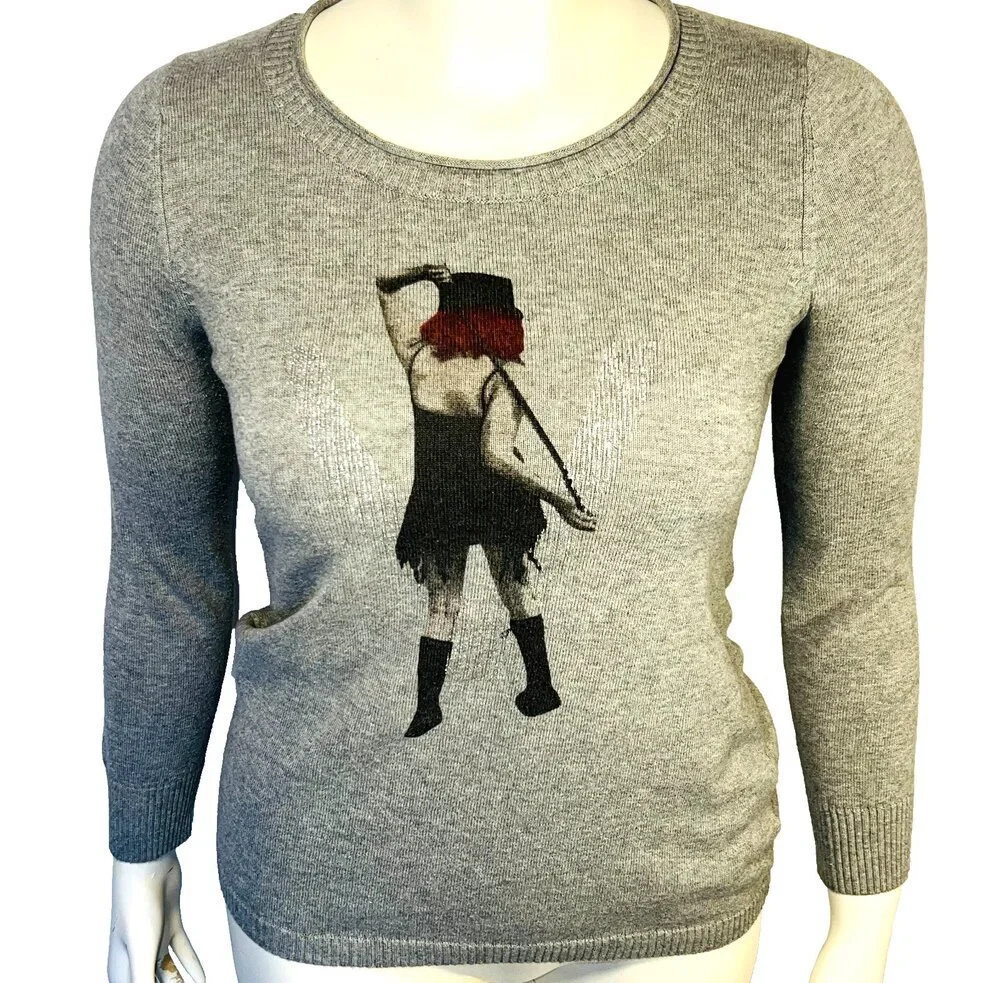 Veeko Sweater Womens S/M Graphic Print Gray Crew Neck Long Sleeve